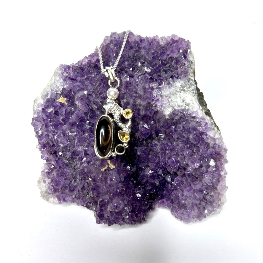 Gemstone Mermaid Pendant Topaz, Citrine & Pearl on 16 inch Sterling Silver Chain